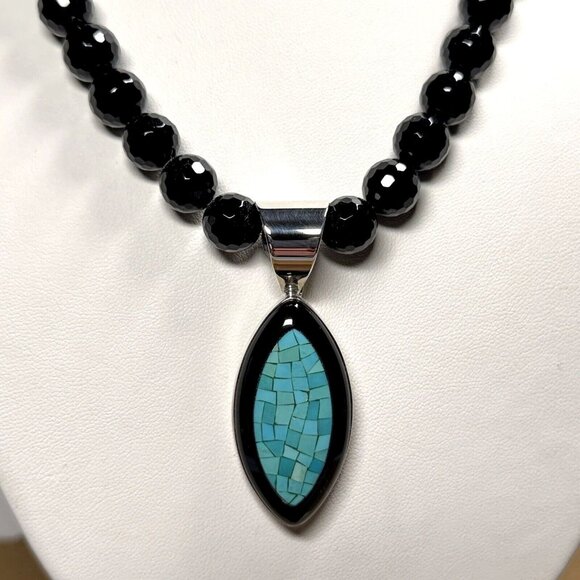 Jay King Black Chalcedony & Turquoise Necklace Mosaic Pendant Sterling Silver - Picture 4 of 11
